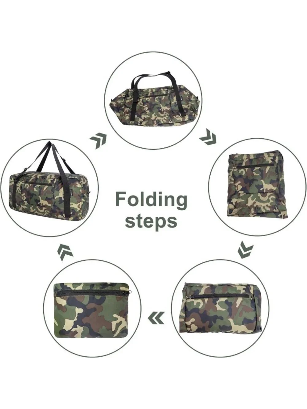 Foldable Travel Duffel Bag - 55L Lightweight Gym Luggage, Green Camo Design